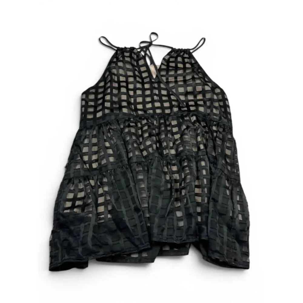 HD Paris Anthropologie Tiered Babydoll Tank Black Organza Grid Overlay Shirt S